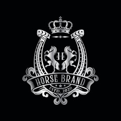 Silver Horse Crest or Emblem Logo. Heraldic logo template.  design concept.
