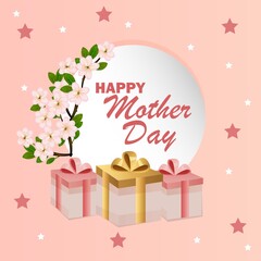Happy Mother's Day Card With Cute Flowers And Gifts. Vector Illustration.