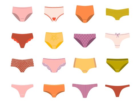 Collection of various woman's underpants. Colorful pants set. Modern flat vector illustration isolated on white background