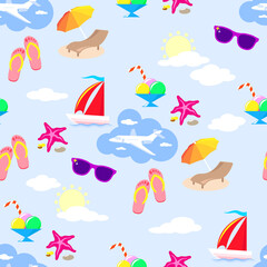 Summer holiday attributes on a light blue background with clouds arranged in a seamless pattern