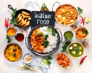 Indian food assortment on light background.