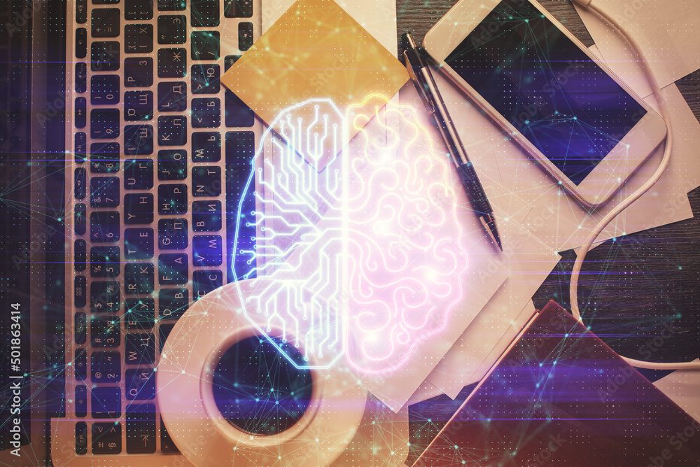Aufkleber multi exposure of brain sketch hologram over topview work table background with computer. concept of
