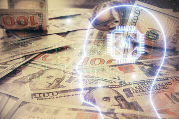 Double exposure of brain drawing over us dollars bill background. Technology concept.