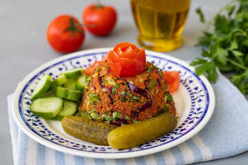 Healthy food, bulgur salad (kisir). Traditional delicious Turkish foods