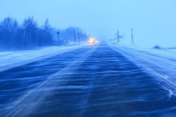 winter highway snowfall background fog poor visibility