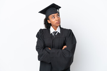 Young university graduate African American woman isolated on white background making doubts gesture while lifting the shoulders