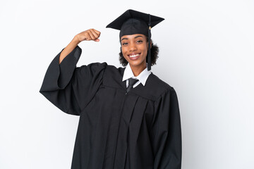 Young university graduate African American woman isolated on white background doing strong gesture
