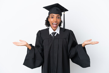 Young university graduate African American woman isolated on white background with shocked facial expression