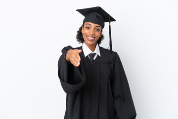 Young university graduate African American woman isolated on white background shaking hands for closing a good deal