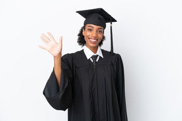Young university graduate African American woman isolated on white background counting five with...