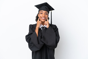 Young university graduate African American woman isolated on white background smiling with a happy and pleasant expression