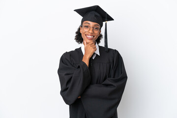 Young university graduate African American woman isolated on white background with glasses and smiling