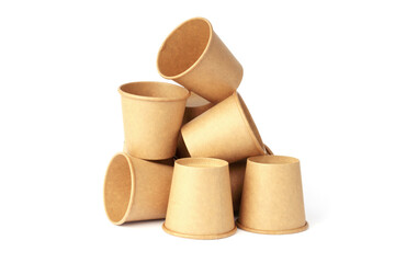 pile of brown paper cups on white background