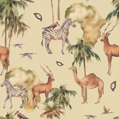  African fauna seamless pattern. Exotic animals and plants wallpaper design. Repeating safari texture © ldinka