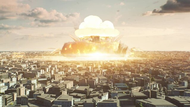 3D render of a nuclear explosion with a mushroom in a big city. The concept of nuclear war.