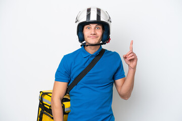 Young caucasian man with thermal backpack isolated on white background pointing with the index finger a great idea