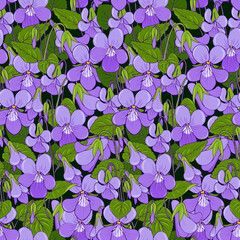 Forest violets, spring flowers, seamless vector background with purple flowers and leaves