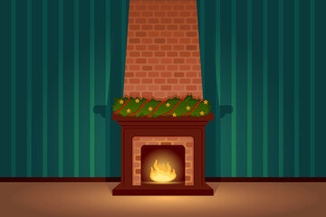 Fireplace with fire wall with wallpaper, Christmas