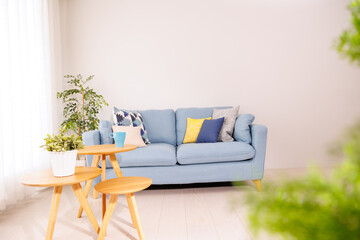 青いソファーと観葉植物のあるダイニングルーム