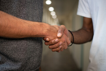 gros plan sur les mains de deux collègues d'origines différentes qui se disent bonjour ou...