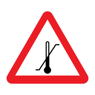 Temperature limit sign. Vector illustration of red triangle warning sign with black thermometer with diagonal line inside. Indicator of maximum and minimum temperature limits. Cargo symbol.