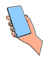 Hand holding mobile phone hand drawn with thin line