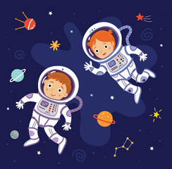 Children astronauts fly in space