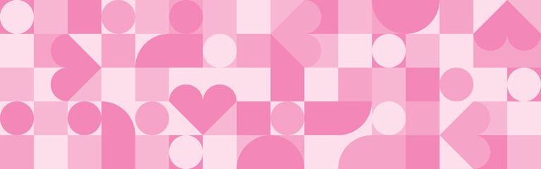 Seamless pink background for Mother's Day card template. Trendy geometric shapes with circles, squares and hearts in retro style for a Valentine's Day or wedding day cover.