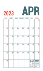 April. Planner 2023 year. English vector vertical template. Week starts on Sunday