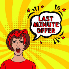 Comic book explosion with text last minute offer, vector illustration. last minute offer in comic pop art style. Comic advertising concept with Special offer wording. Modern Web Banner Element