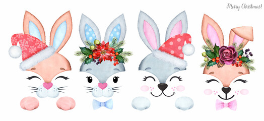 Cartoon animal. Symbol of 2023. Christmas Rabbit on a white background. Watercolor illustration.