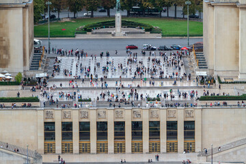 aerial view, from the eiffel tower in the foreground of tourists in the Trocadero in the city of paris