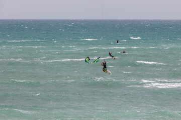 Nautical sport kitesurf, surfboard with sail practiced in Tarifa, Cadiz, Spain