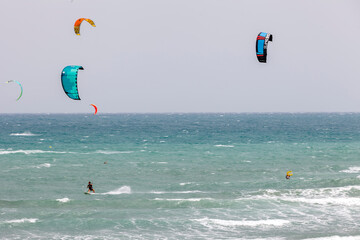 Nautical sport kitesurf surfboard with sail practiced in Tarifa, cadiz, spain