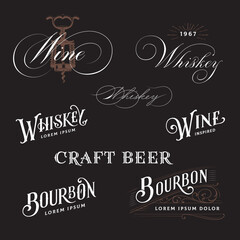 Alcohol Lettering. Hand lettered logos for Wine Whiskey Bourbon and Craft Beer - obrazy, fototapety, plakaty