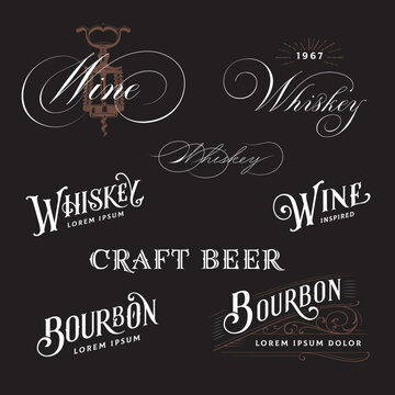 Alcohol Lettering. Hand lettered logos for Wine Whiskey Bourbon and Craft Beer