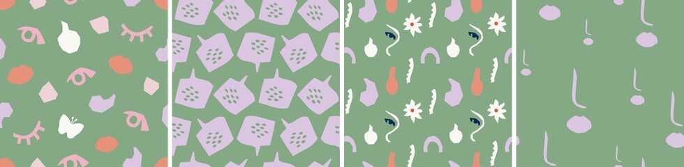 Collection of cute botanical seamless patterns. Spring summer illustrations