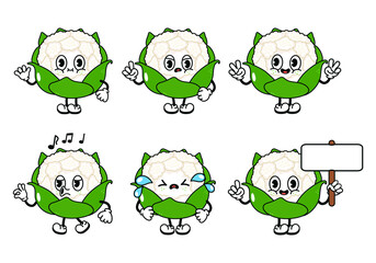 Fototapeta premium Funny cute cauliflower characters bundle set. Vector hand drawn doodle style traditional cartoon vintage, retro character illustration icon design. Isolated white background. Happy cabbage mascot