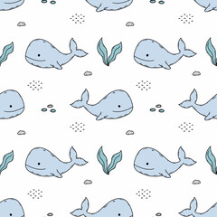 Naklejka premium Seamless pattern with cute whale in sea. Endless wallpaper in nursery. Printing on fabric and wrapping paper.