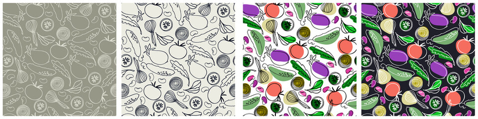 Seamless patterns set with vegetables, beans and greens for surface design, posters, illustrations. Isolated elements on white background. Healthy carb foods, vegan theme