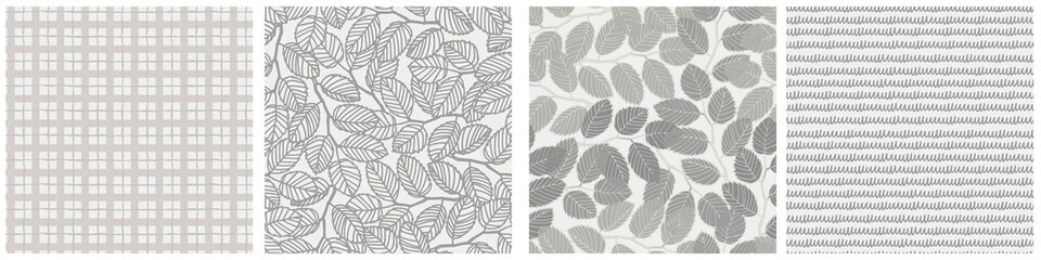 Seamless patterns set with elm tree branches and leaves on light background for surface design, wallpaper, fabrics, home decor. Monochrome pastel realistic line art