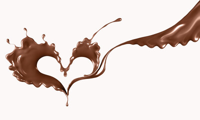 Heart shaped splash of hot chocolate, chocolate is love, illustration, 3d rendering