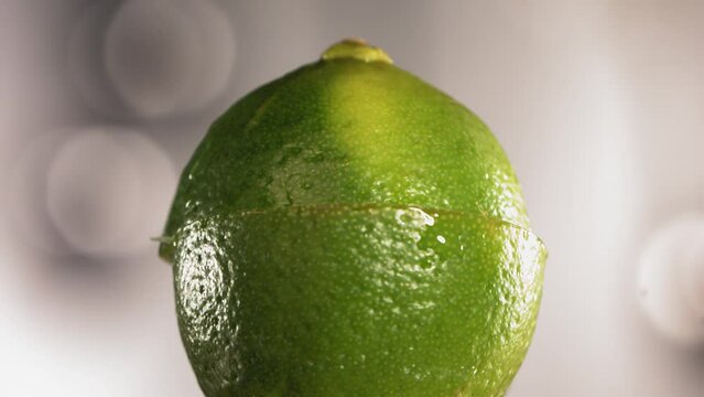 Half Lime falling and splashing on white background. Food levitation concept. Slow Motion