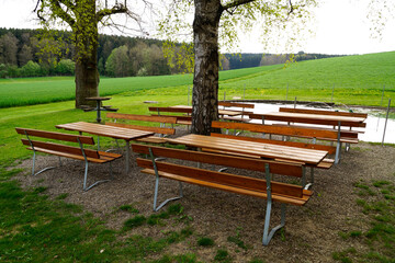 a fine day in May at the Bavarian biergarten by the pond (Winterbach, Bavaria, Germany)	