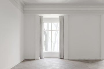  3d minimalistic white classic interior, space with a large window and cornice on the ceiling, parquet on the floor. 3D rendering illustration mockup.