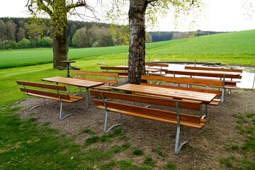 a fine day in May at the Bavarian biergarten by the pond (Winterbach, Bavaria, Germany)	