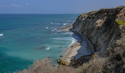 Mediterranean sea coastline towards the north as seen from Apollonia crusader castle, located on a high kurkar sandstone cliff facing the seashore of Herzliya, Apollonia National Park, Israel.