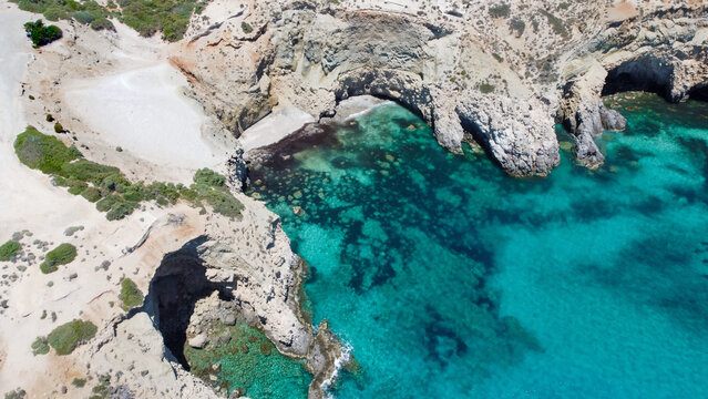 aerial view of tsigrado beach on milos island - milos, cycaldes, greece