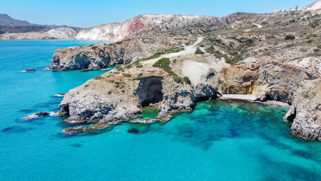 aerial view of tsigrado beach on milos island - milos, cycaldes, greece