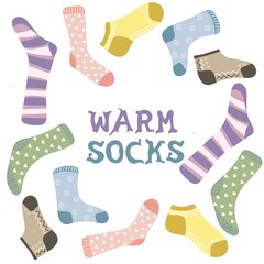 Set of different socks. Warm woolen and cotton socks with cute patterns. Vector illustration